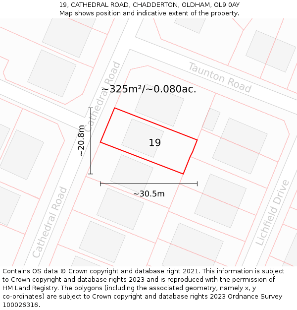 19, CATHEDRAL ROAD, CHADDERTON, OLDHAM, OL9 0AY: Plot and title map