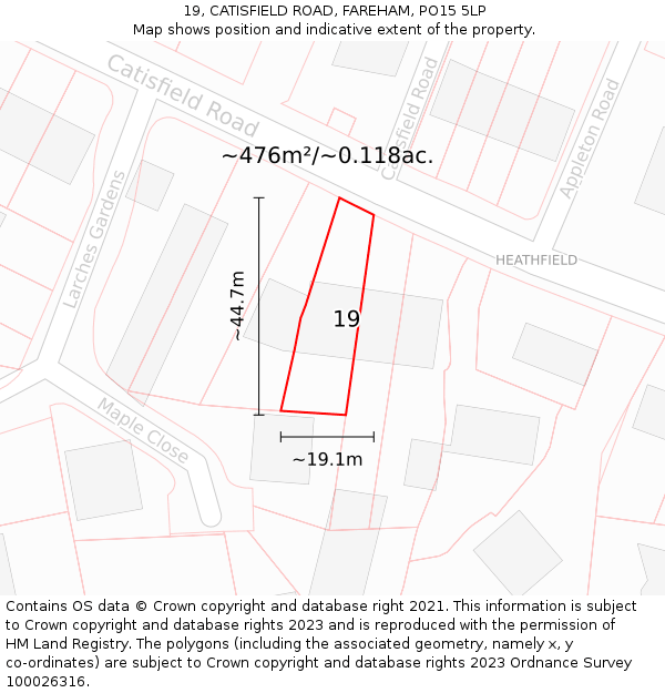 19, CATISFIELD ROAD, FAREHAM, PO15 5LP: Plot and title map