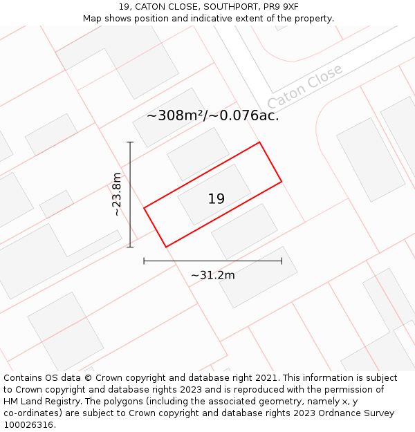 19, CATON CLOSE, SOUTHPORT, PR9 9XF: Plot and title map