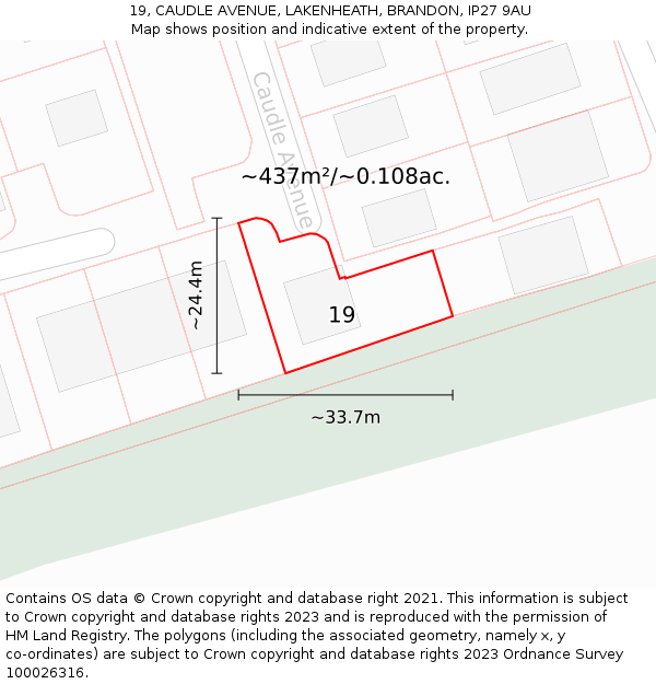 19, CAUDLE AVENUE, LAKENHEATH, BRANDON, IP27 9AU: Plot and title map