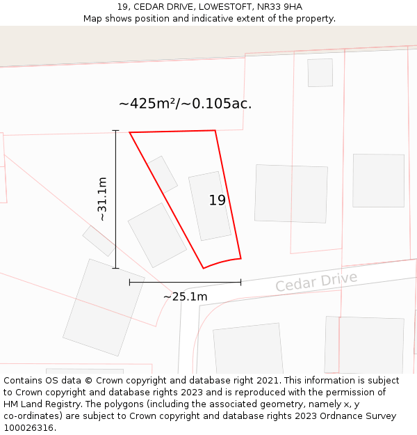 19, CEDAR DRIVE, LOWESTOFT, NR33 9HA: Plot and title map