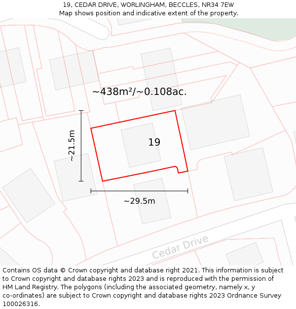 19, CEDAR DRIVE, WORLINGHAM, BECCLES, NR34 7EW: Plot and title map