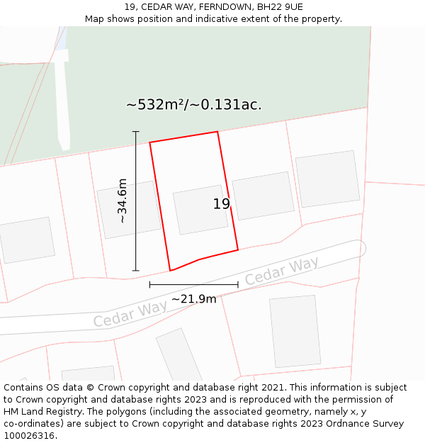 19, CEDAR WAY, FERNDOWN, BH22 9UE: Plot and title map