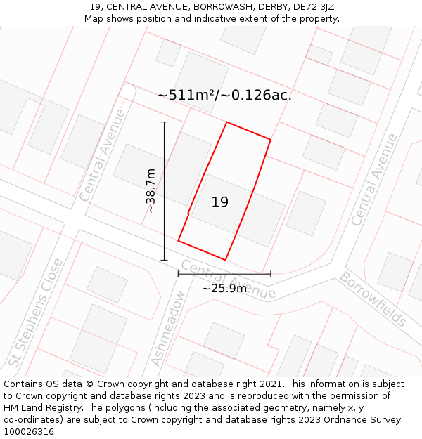 19, CENTRAL AVENUE, BORROWASH, DERBY, DE72 3JZ: Plot and title map