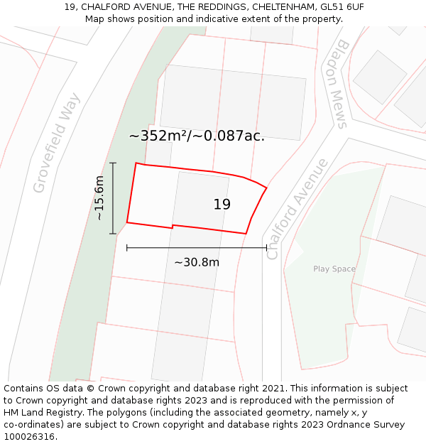 19, CHALFORD AVENUE, THE REDDINGS, CHELTENHAM, GL51 6UF: Plot and title map