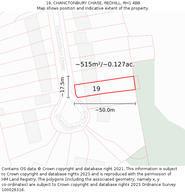 19, CHANCTONBURY CHASE, REDHILL, RH1 4BB: Plot and title map
