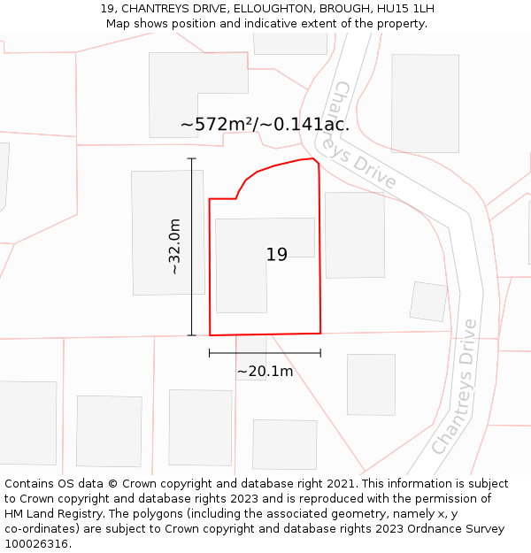 19, CHANTREYS DRIVE, ELLOUGHTON, BROUGH, HU15 1LH: Plot and title map