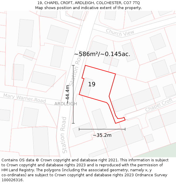 19, CHAPEL CROFT, ARDLEIGH, COLCHESTER, CO7 7TQ: Plot and title map