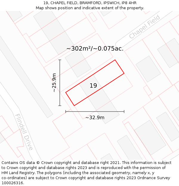 19, CHAPEL FIELD, BRAMFORD, IPSWICH, IP8 4HR: Plot and title map