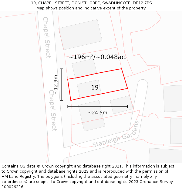 19, CHAPEL STREET, DONISTHORPE, SWADLINCOTE, DE12 7PS: Plot and title map