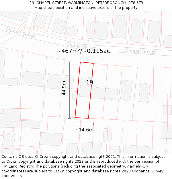 19, CHAPEL STREET, WARMINGTON, PETERBOROUGH, PE8 6TR: Plot and title map