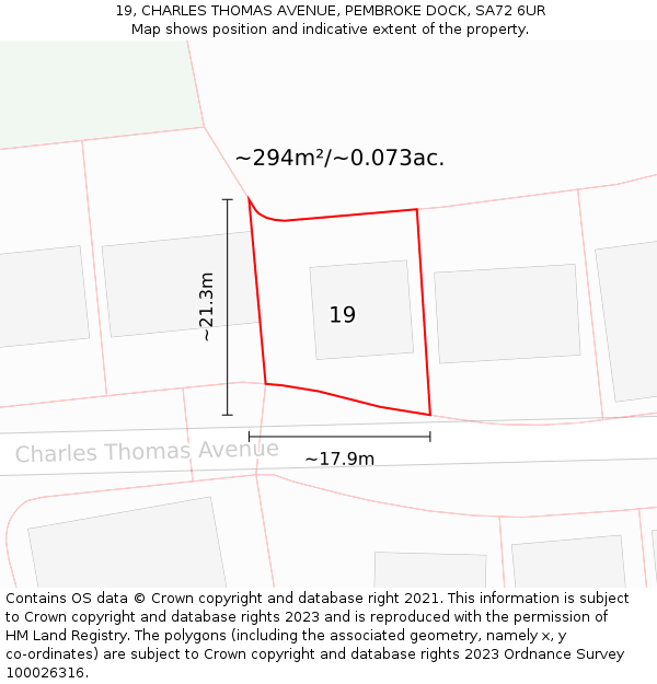 19, CHARLES THOMAS AVENUE, PEMBROKE DOCK, SA72 6UR: Plot and title map