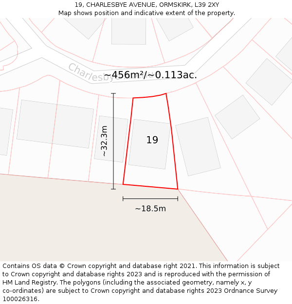 19, CHARLESBYE AVENUE, ORMSKIRK, L39 2XY: Plot and title map