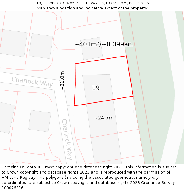 19, CHARLOCK WAY, SOUTHWATER, HORSHAM, RH13 9GS: Plot and title map