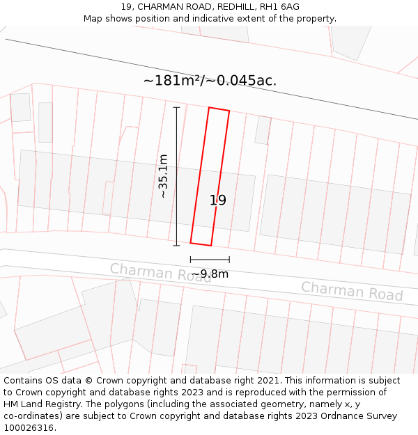 19, CHARMAN ROAD, REDHILL, RH1 6AG: Plot and title map