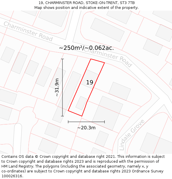 19, CHARMINSTER ROAD, STOKE-ON-TRENT, ST3 7TB: Plot and title map