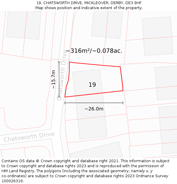 19, CHATSWORTH DRIVE, MICKLEOVER, DERBY, DE3 9HF: Plot and title map