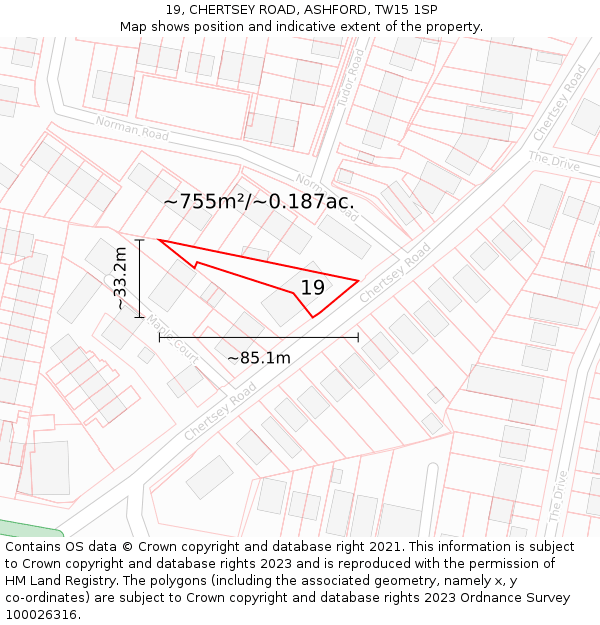 19, CHERTSEY ROAD, ASHFORD, TW15 1SP: Plot and title map