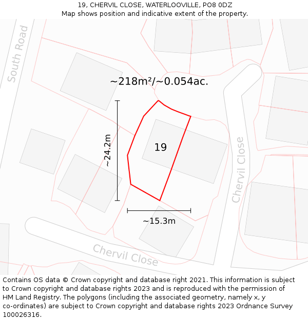 19, CHERVIL CLOSE, WATERLOOVILLE, PO8 0DZ: Plot and title map