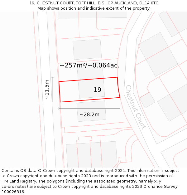 19, CHESTNUT COURT, TOFT HILL, BISHOP AUCKLAND, DL14 0TG: Plot and title map