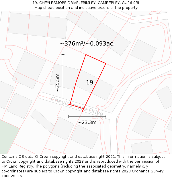 19, CHEYLESMORE DRIVE, FRIMLEY, CAMBERLEY, GU16 9BL: Plot and title map