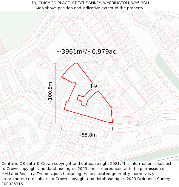 19, CHICAGO PLACE, GREAT SANKEY, WARRINGTON, WA5 3SH: Plot and title map