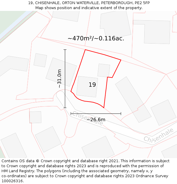 19, CHISENHALE, ORTON WATERVILLE, PETERBOROUGH, PE2 5FP: Plot and title map