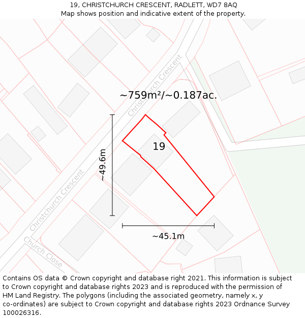 19, CHRISTCHURCH CRESCENT, RADLETT, WD7 8AQ: Plot and title map