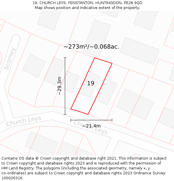 19, CHURCH LEYS, FENSTANTON, HUNTINGDON, PE28 9QD: Plot and title map