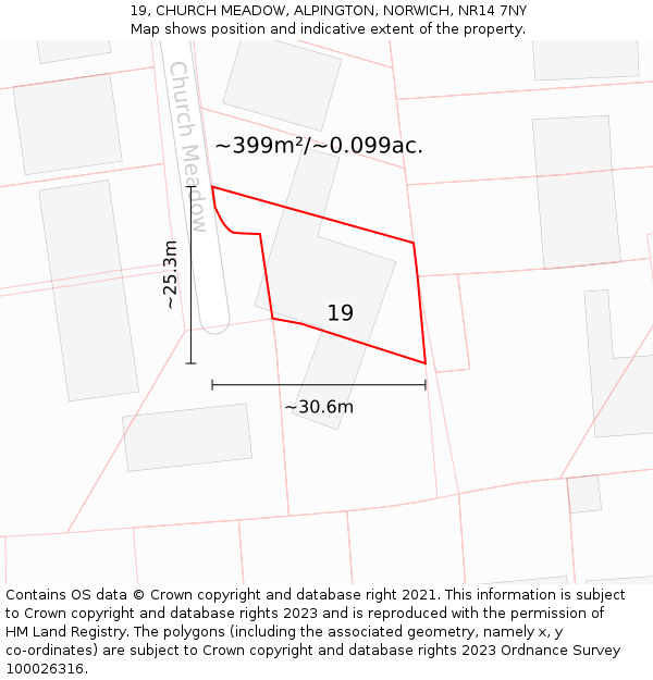 19, CHURCH MEADOW, ALPINGTON, NORWICH, NR14 7NY: Plot and title map