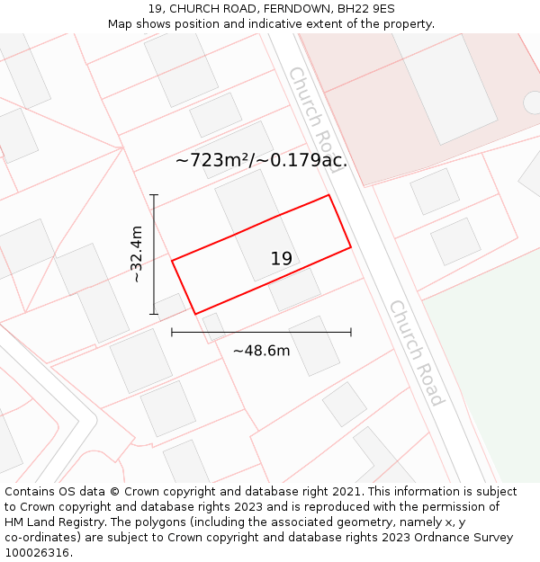 19, CHURCH ROAD, FERNDOWN, BH22 9ES: Plot and title map