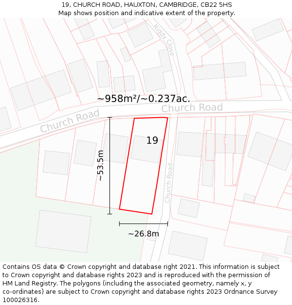 19, CHURCH ROAD, HAUXTON, CAMBRIDGE, CB22 5HS: Plot and title map