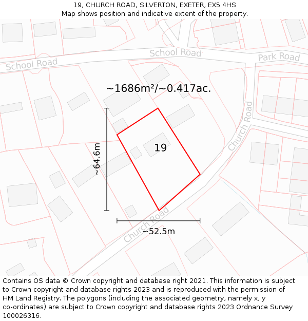 19, CHURCH ROAD, SILVERTON, EXETER, EX5 4HS: Plot and title map