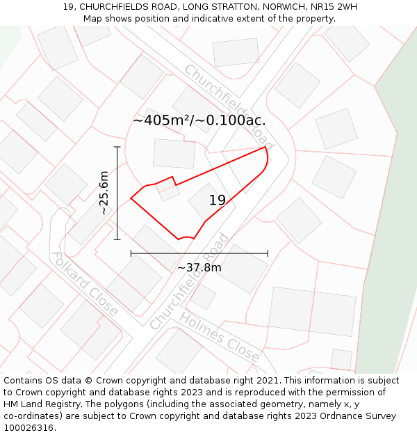 19, CHURCHFIELDS ROAD, LONG STRATTON, NORWICH, NR15 2WH: Plot and title map