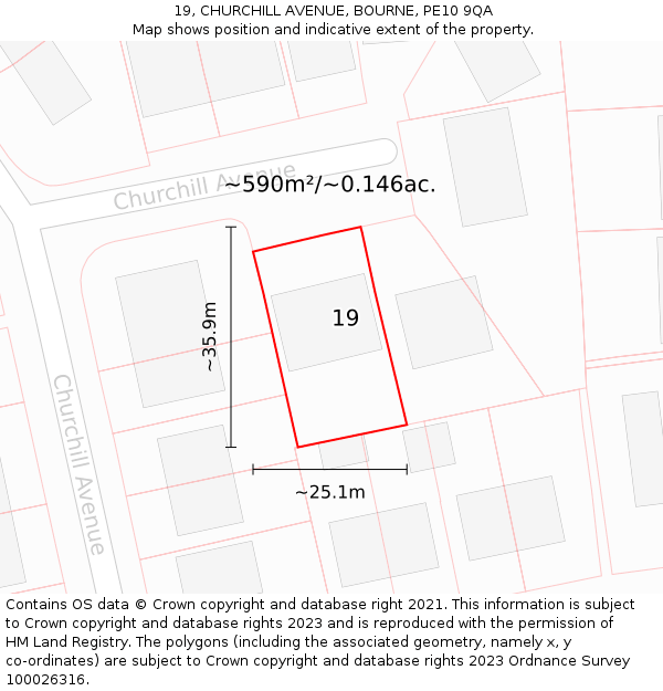 19, CHURCHILL AVENUE, BOURNE, PE10 9QA: Plot and title map