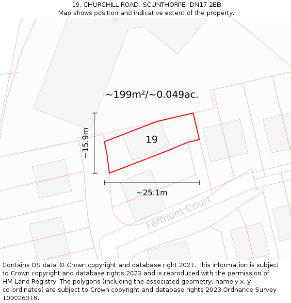 19, CHURCHILL ROAD, SCUNTHORPE, DN17 2EB: Plot and title map