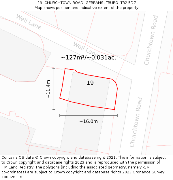 19, CHURCHTOWN ROAD, GERRANS, TRURO, TR2 5DZ: Plot and title map