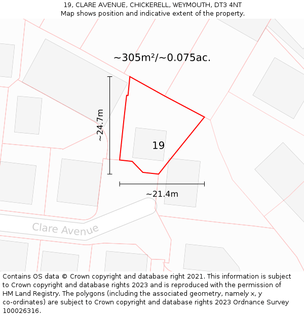 19, CLARE AVENUE, CHICKERELL, WEYMOUTH, DT3 4NT: Plot and title map