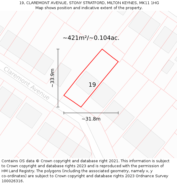 19, CLAREMONT AVENUE, STONY STRATFORD, MILTON KEYNES, MK11 1HG: Plot and title map