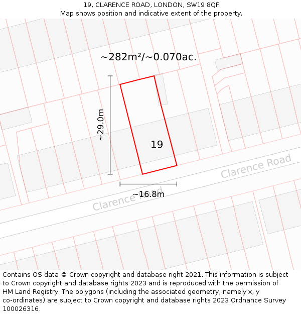 19, CLARENCE ROAD, LONDON, SW19 8QF: Plot and title map