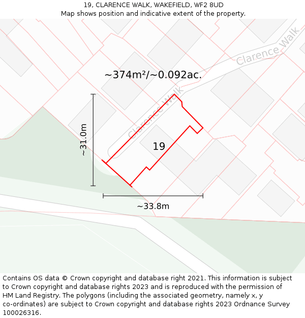 19, CLARENCE WALK, WAKEFIELD, WF2 8UD: Plot and title map