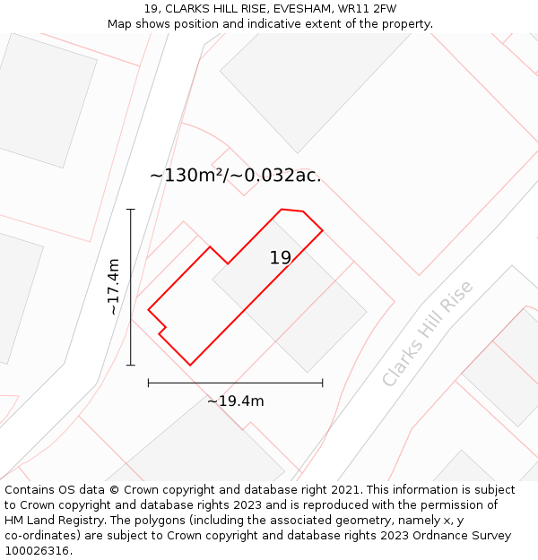 19, CLARKS HILL RISE, EVESHAM, WR11 2FW: Plot and title map