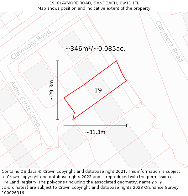 19, CLAYMORE ROAD, SANDBACH, CW11 1TL: Plot and title map