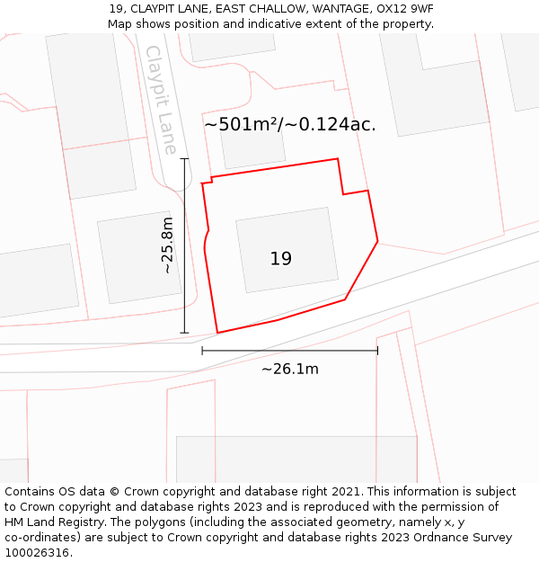 19, CLAYPIT LANE, EAST CHALLOW, WANTAGE, OX12 9WF: Plot and title map