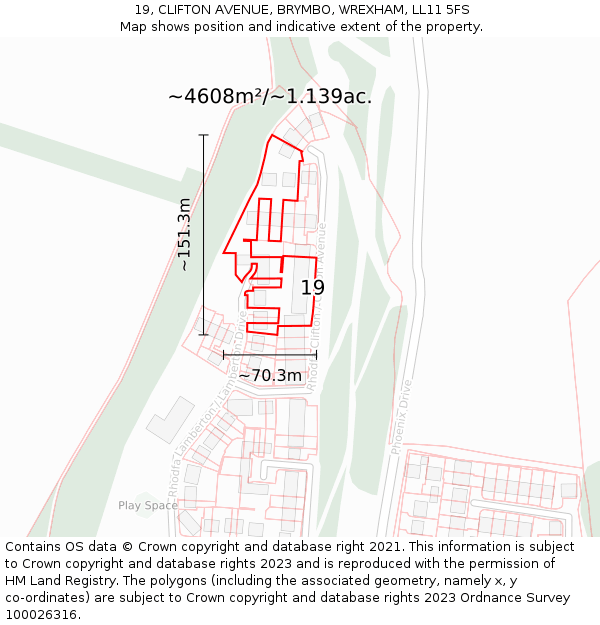 19, CLIFTON AVENUE, BRYMBO, WREXHAM, LL11 5FS: Plot and title map