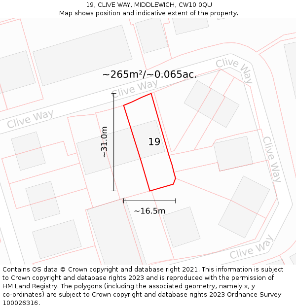 19, CLIVE WAY, MIDDLEWICH, CW10 0QU: Plot and title map