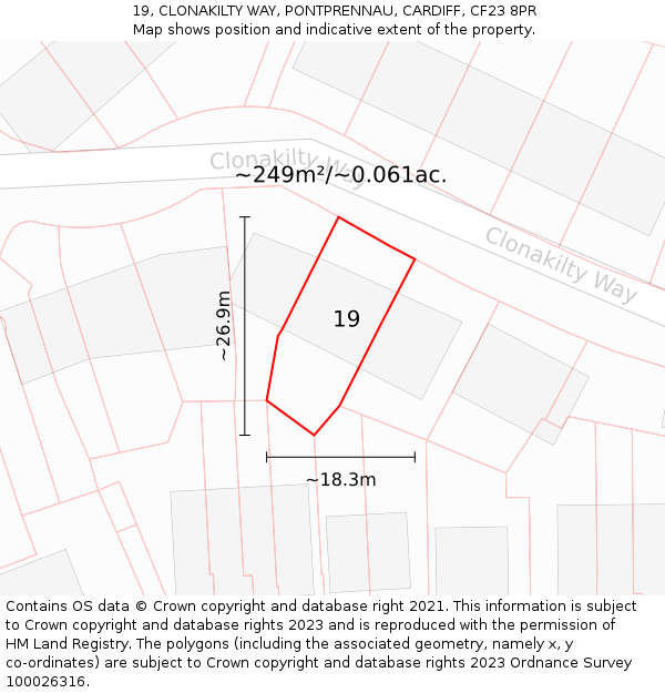 19, CLONAKILTY WAY, PONTPRENNAU, CARDIFF, CF23 8PR: Plot and title map