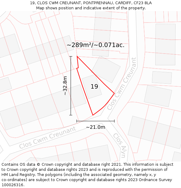 19, CLOS CWM CREUNANT, PONTPRENNAU, CARDIFF, CF23 8LA: Plot and title map