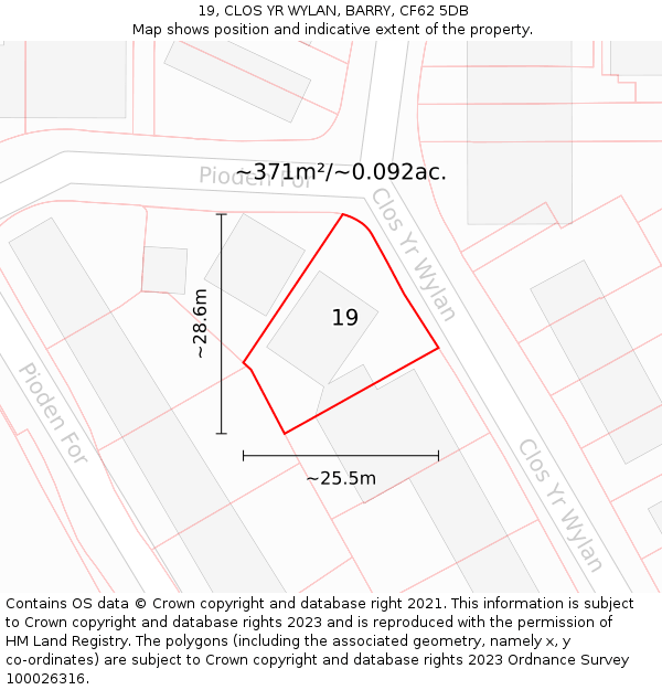 19, CLOS YR WYLAN, BARRY, CF62 5DB: Plot and title map