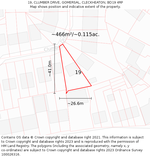 19, CLUMBER DRIVE, GOMERSAL, CLECKHEATON, BD19 4RP: Plot and title map